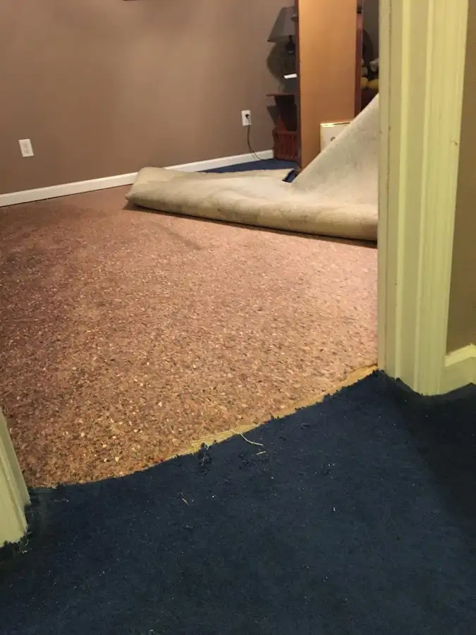 Carpet pad removal revealing water damage during Water Mitigation Services in Troutdale
